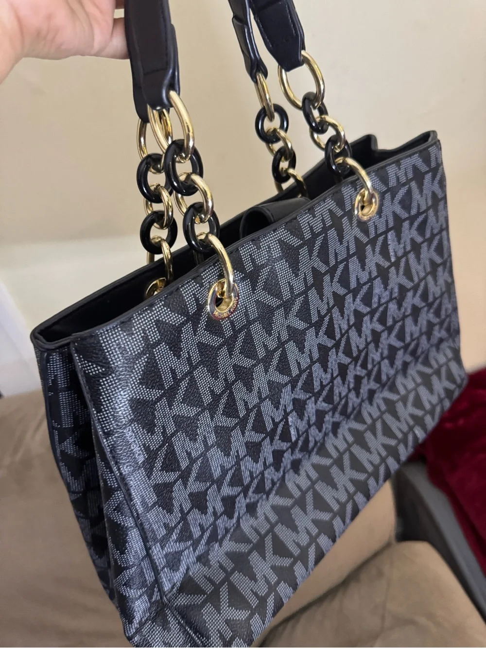 Michael Kors Black MK Signature Satchel with Gold Hardware